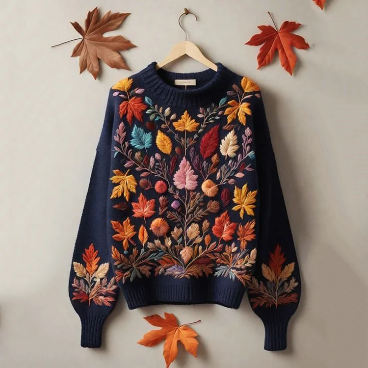 Fall Flower Leaves Autumn Art Print Knitted Pullover Sweater