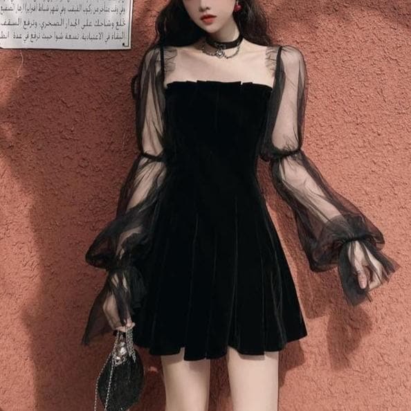 Black Gothic Off-shouldered Lace Bubble Sleeve Dress SP15128
