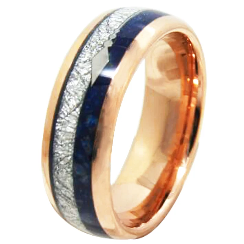 Rose Gold Tungsten Carbide Mens Womens Rings With Full Arc Electroplated Inlaid With Silver Wire And Lapis Lazuli Stone