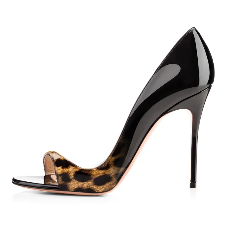 Black Patent Leather Leopard Print Open Toe Stiletto Heels |FSJ Shoes