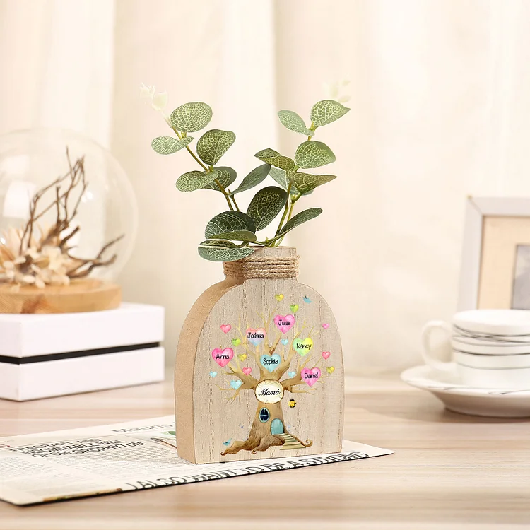 Florero de madera árbol de corazones 6 nombres personalizados con texto decoración del hogar