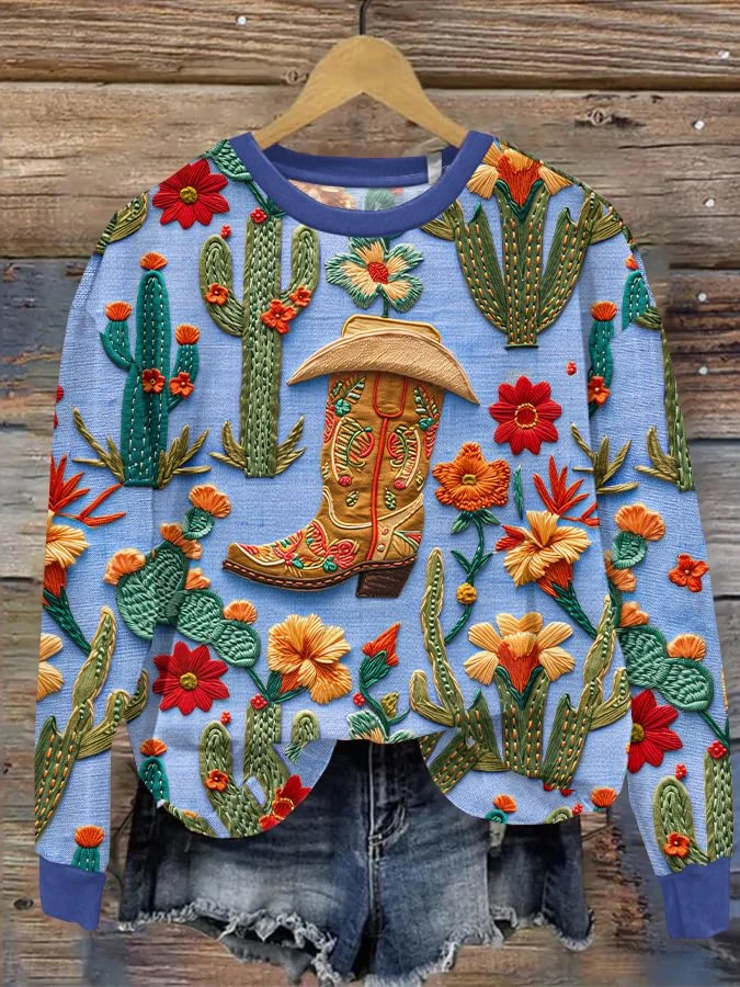Vintage Western Embroidery Boots and Floral Art Printed Casual Sweatshirt