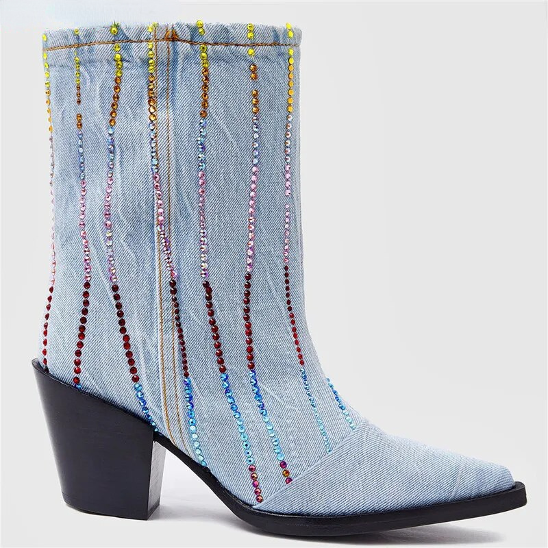 VCSHOES Crystal Cowboy Ankle White Boots For Women Cowgirl Western Boots Women Casual Pointed Toe Shoes