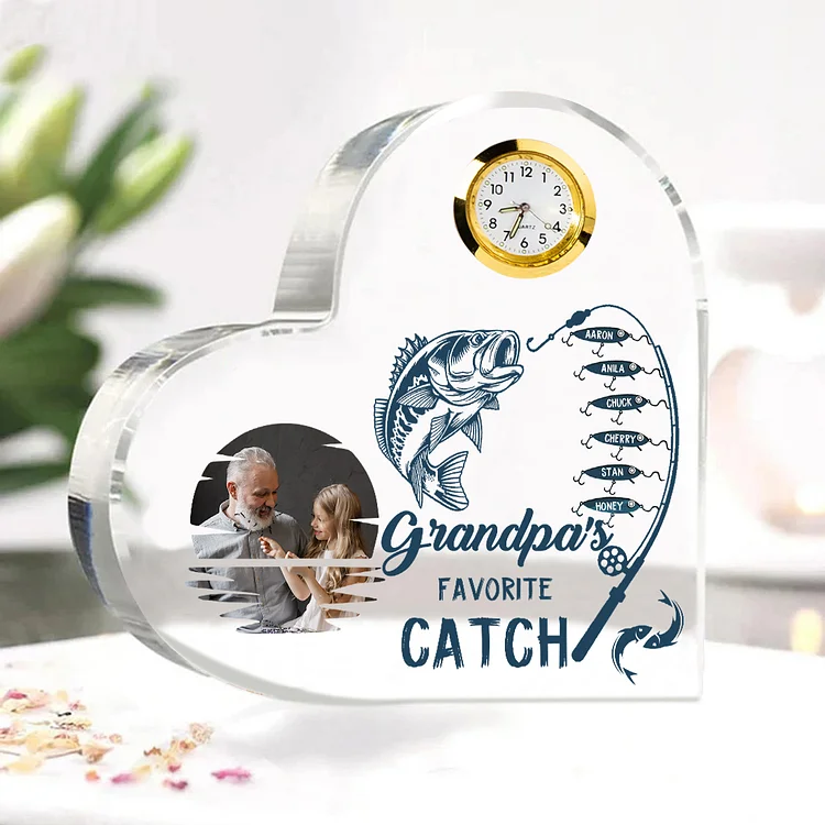 Personalized Heart Acrylic Clock Keepsake Engraved 6 Names Heart Photo Ornament Grandparents' Day Gift for Grandpa Dad Papa