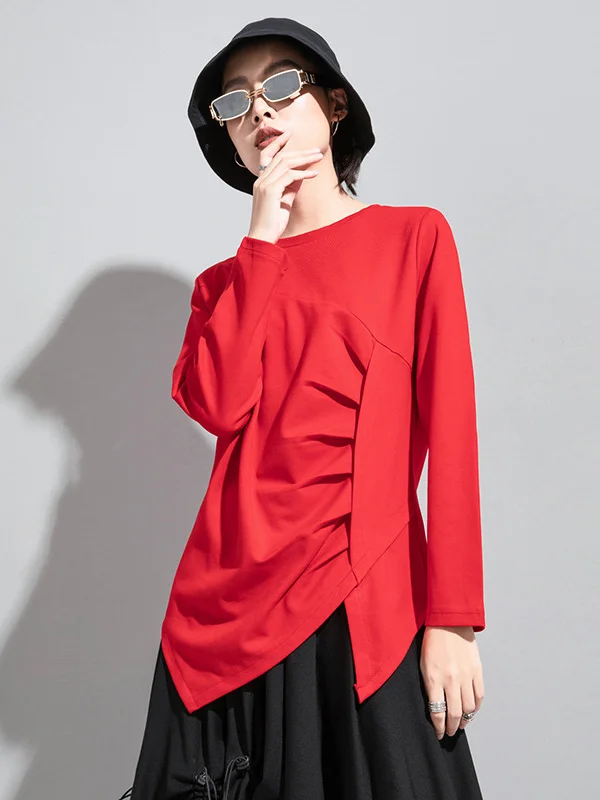 Urban Asymmetric Pure Color Long Sleeves T-Shirts Top