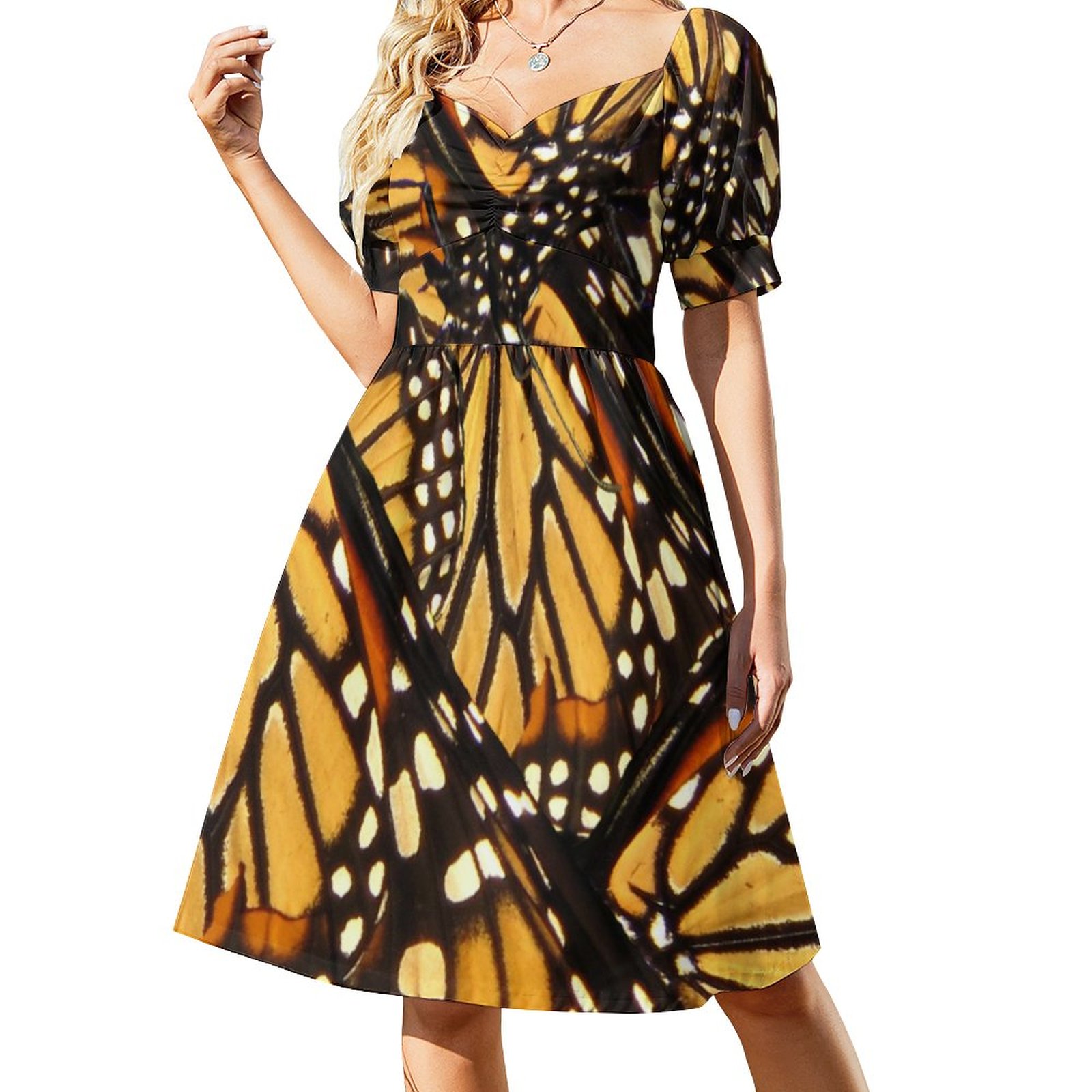 Orange Black Monarch Butterfly Abstract Dress Women Boho High Waist Flared Puff Sleeve Cute Sweetheart Midi Dress Black & Orange-3XL Orange Black Monarch Butterfly Abstract Dress Women Boho High Waist Flared Puff Sleeve Cute Sweetheart Midi Dress Black & Orange-3XL