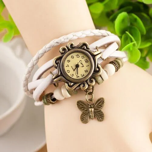 Women Fashion Vintage Butterfly Drop Leather Bracelet Watch Wrap Watch
