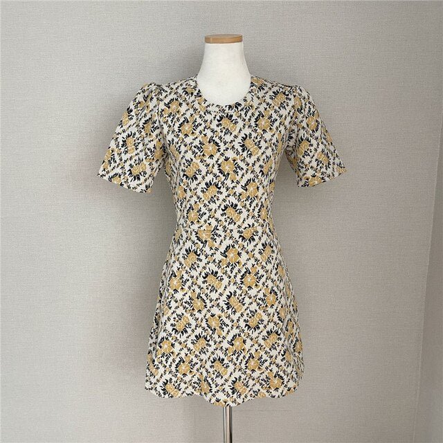Fashion High Quality Floral Print Woman Dress O Neck High Waist Casual Korean Style Dresses For Women Short Sleeve Slim Vestido - BlackFridayBuys