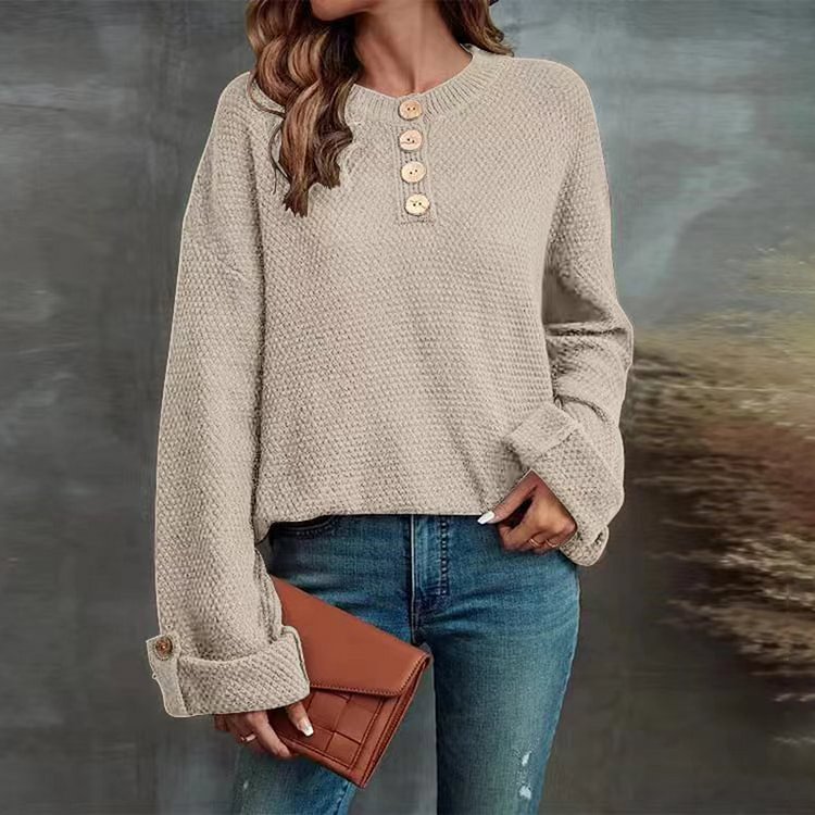 Vefave Vintage Solid Pullover Button Loose V-Neck Sweater
