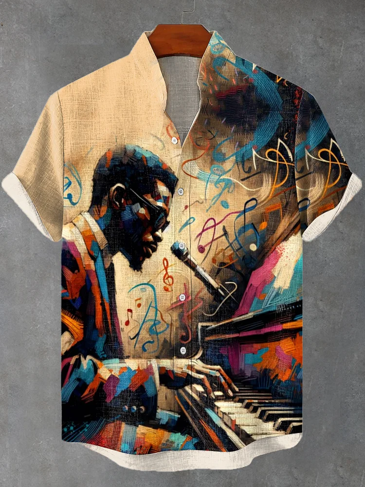 Men's Black Jazz Piano Fluid Music Art Print Linen Blend Shirt