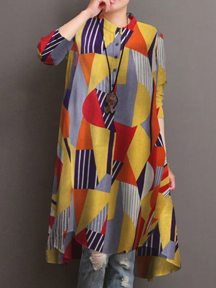 Contrast Color Geometric Print Stand Collar Shirt For Women P1743983
