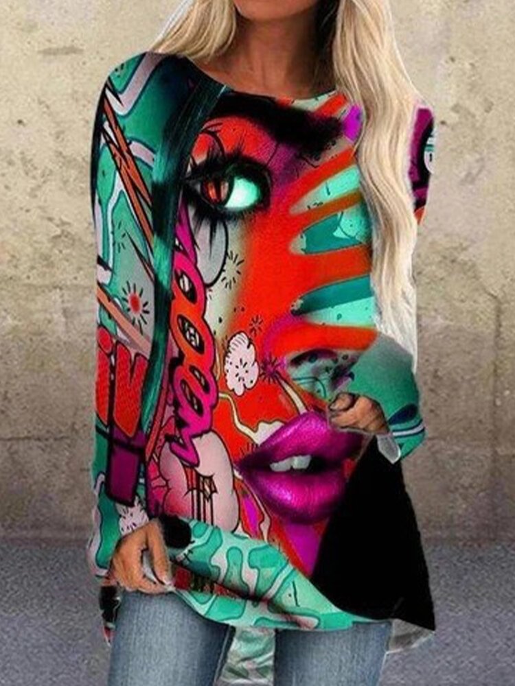 Cartoon Print Long Sleeve O neck Casual Blouse For Women P1762115