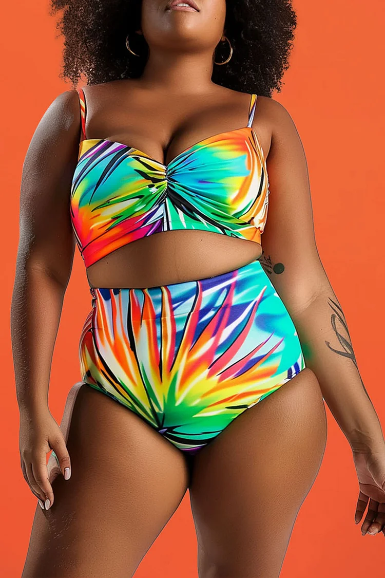 Xpluswear Design Plus Size Beach Rainbow Graphic Crinkle Chest Swimsuit Fabric Two Pieces Swimsuit [Pre-Order]