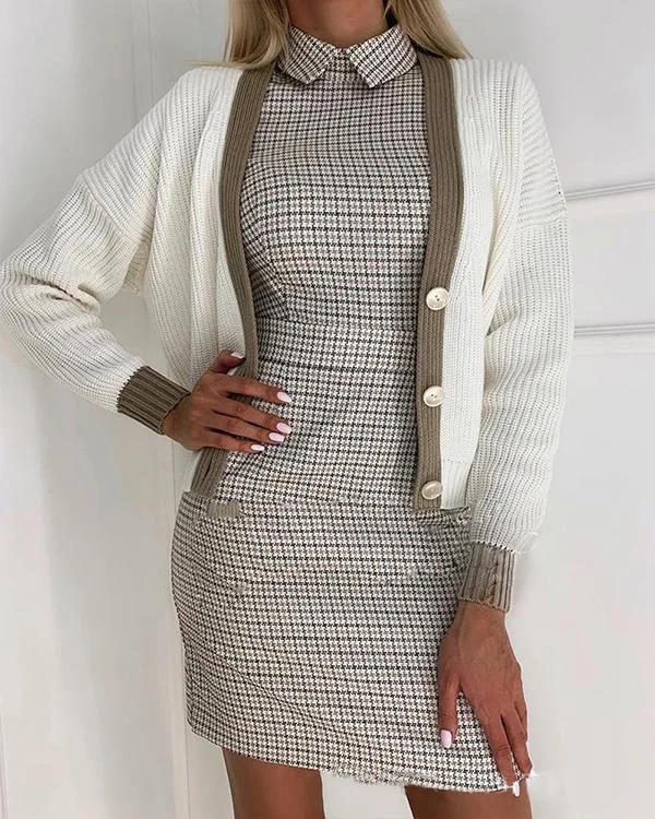 Plaid Long Sleeves Bodycon Above Knee Elegant Dresses