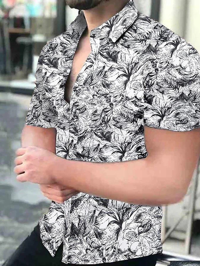Black and white fashion casual Vintage flower print short sleeve shirt
