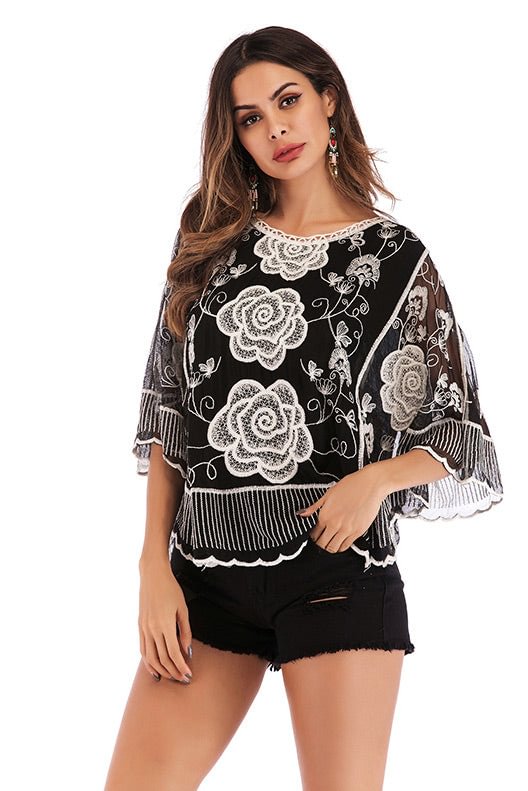 Black Embroidered Lace Chiffon Blouse - BlackFridayBuys