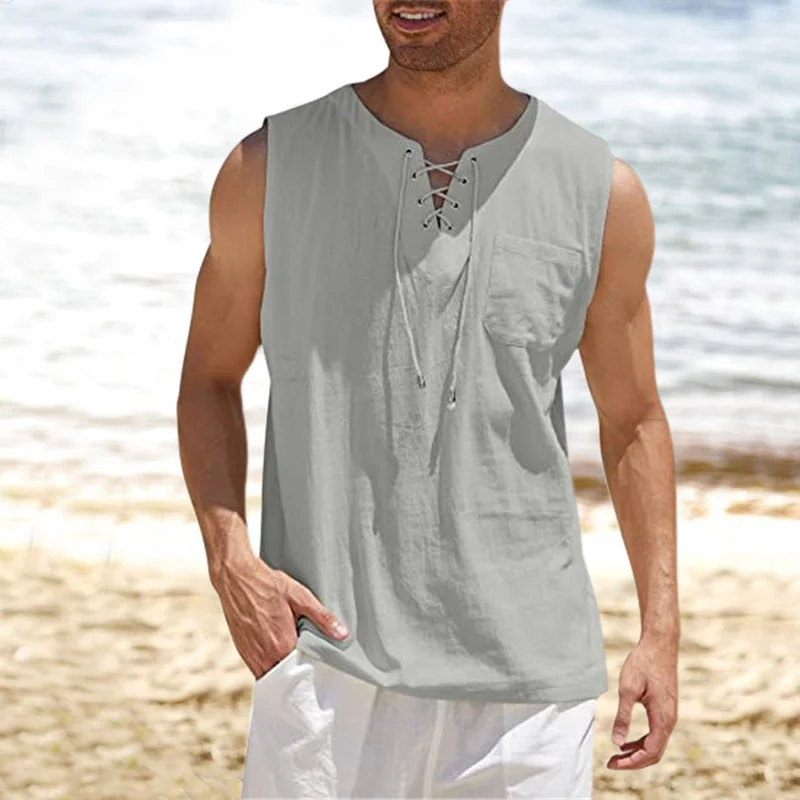 Lace-Up Linen Tank Top-inspireuse