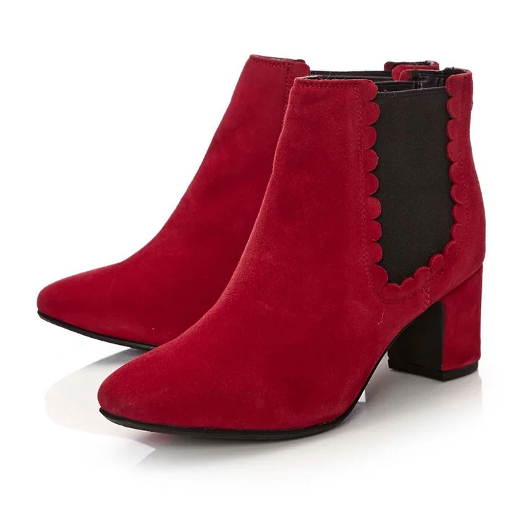 Red Vegan Suede Chelsea Booties Chunky Heels Ankle Boots |FSJ Shoes