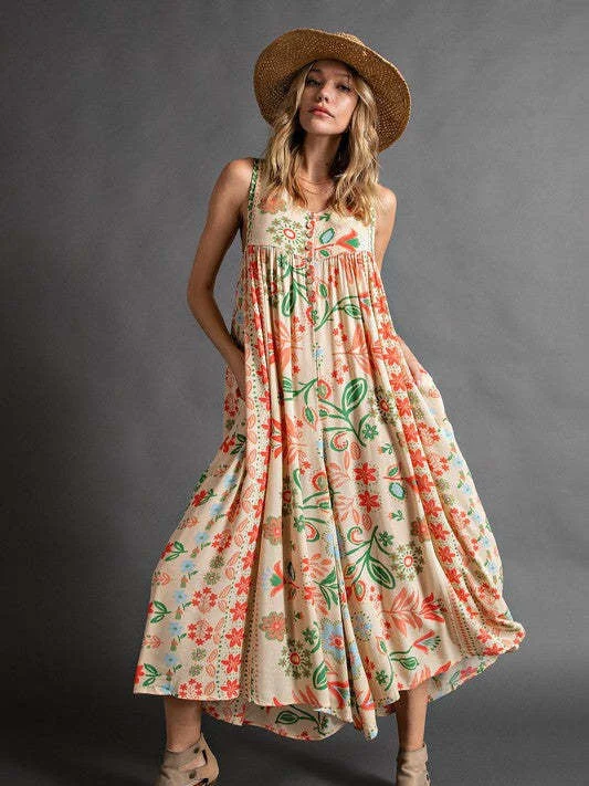 Ladies Vintage Print Loose Sleeveless Jumpsuit