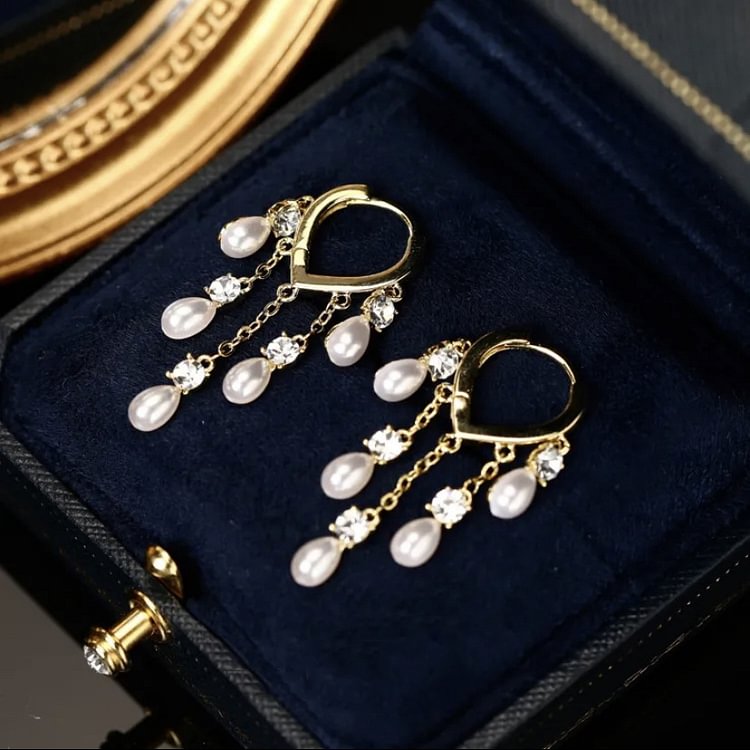 Diamond Tassel Pearl Drop Piercing Earrings