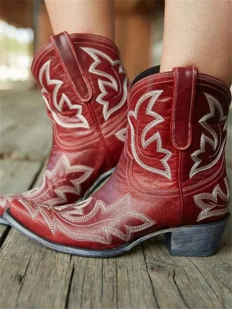 VChics Vintage Embroidered Western Cowgirl Ankle Boots