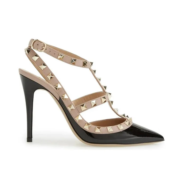 Black Riveted Patent Leather T-Strap Stiletto Pumps Vdcoo