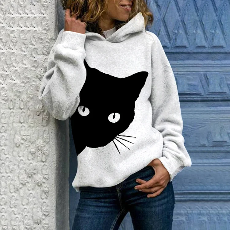 Vefave Long Sleeve Cat Print Casual Hoodie
