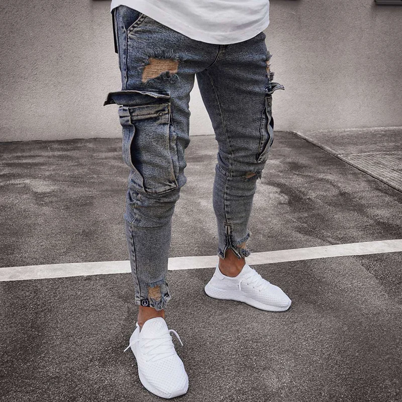 Men's fashion ripped zipper jeans
