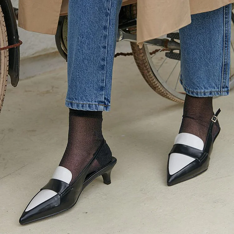Black & White Pointed Toe Slingback Pumps Women's Loafer Kitten Heels |FSJ Shoes