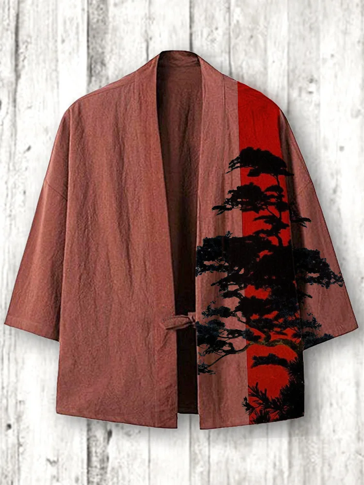 Comstylish Pine  Japanese Art Linen Blend Kimono Cardigan