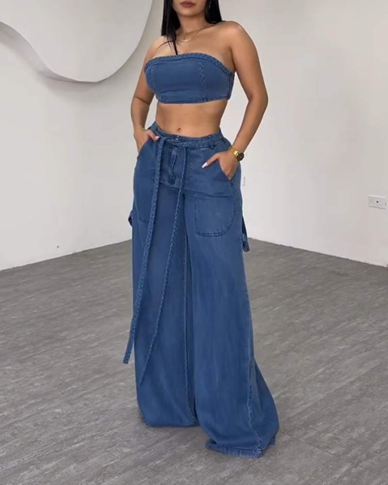 Strapless High-Waisted Wide-Leg Pants Suit (Pre-sale)