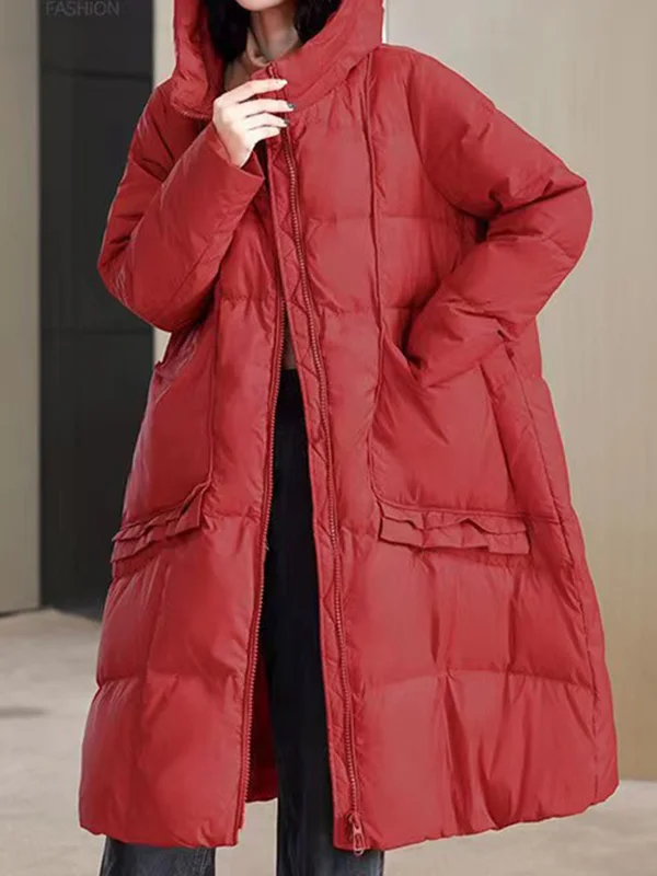 Long Sleeves Loose Pockets Solid Color Split-Joint Hooded Down Coat