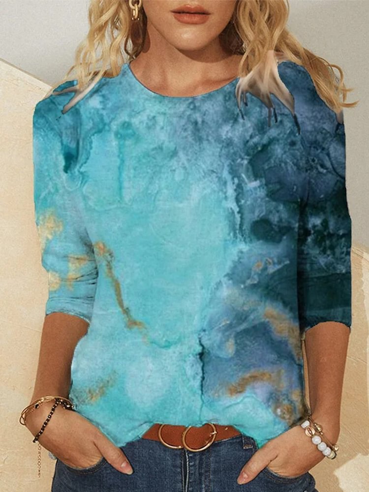 Round Neck Slim Fit Slimming Ocean Printed Long Sleeved T Shirt P181435930