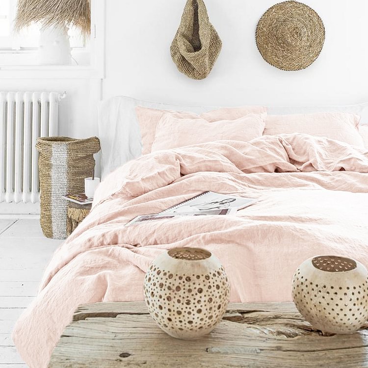 Pink 100% Flax Linen Duvet Cover Set With Button-ChouChouHome