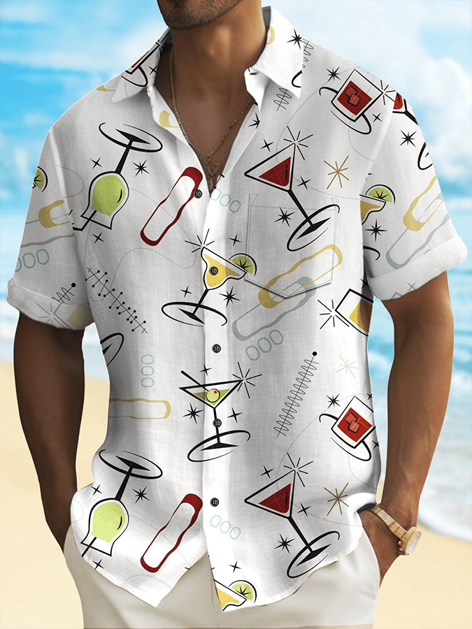Men's Geometric Wine Glass Print Resort Casual Shirt (With Pockets)