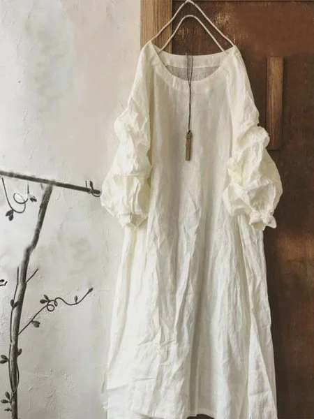 Women Daytime Vintage Plain Plus Size Long Sleeve Casual Maxi Dresses