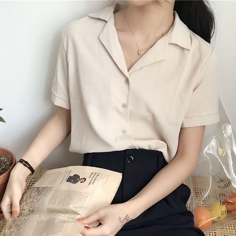 Short-Sleeved Collar Plain Blouse YP4555