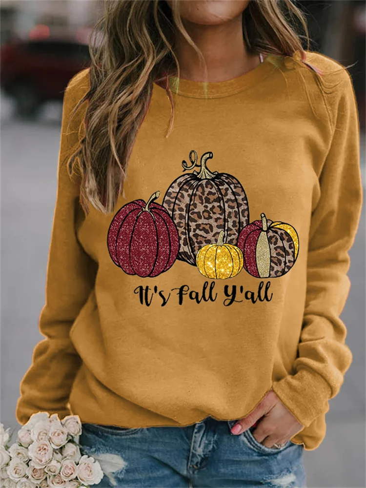 Vefave It's Fall Y'all Leopard Glitter Pumpkins Sweatshirt