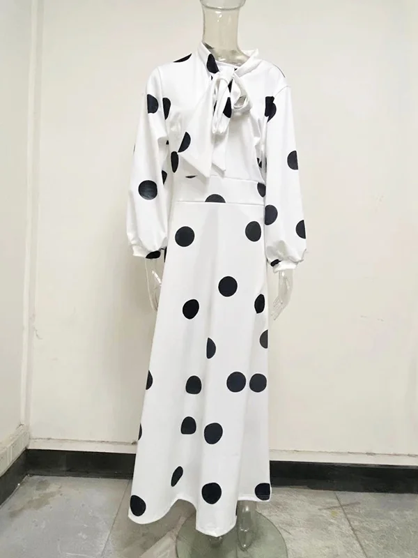 Polka-Dot Tied High Waisted Long Sleeves Round-Neck Maxi Dresses