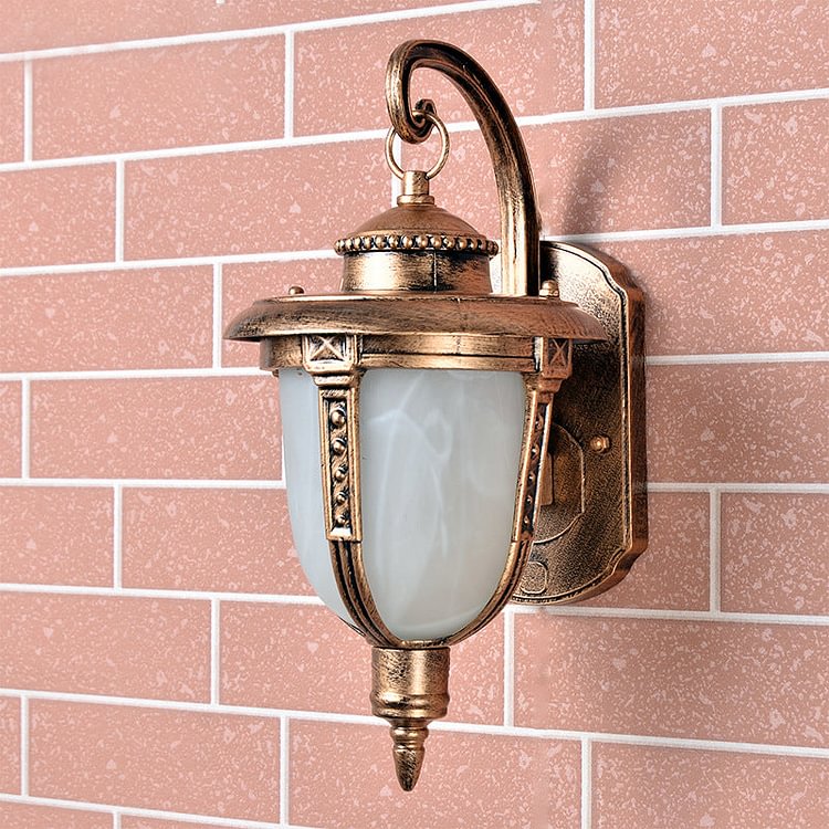 Brass Acorn Sconce Light Fixture Country Opal Frosted Glass 1-Light Courtyard Wall Lamp Fixture