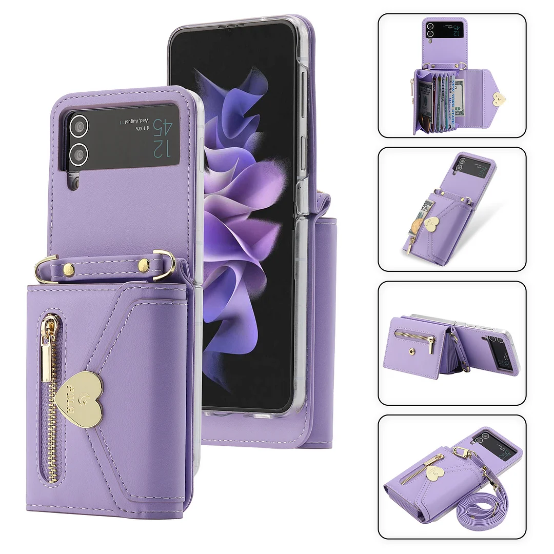 Crossbody Metal Heart Leather Phone Case With 8 Cards Slot,Zipper Slot,Kickstand And Lanyard For Galaxy Z Flip3/Z Flip4/Z Flip5