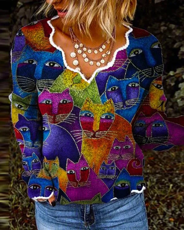 Women Autumn Cats/Leaves Print V Neck Shirts&Tops