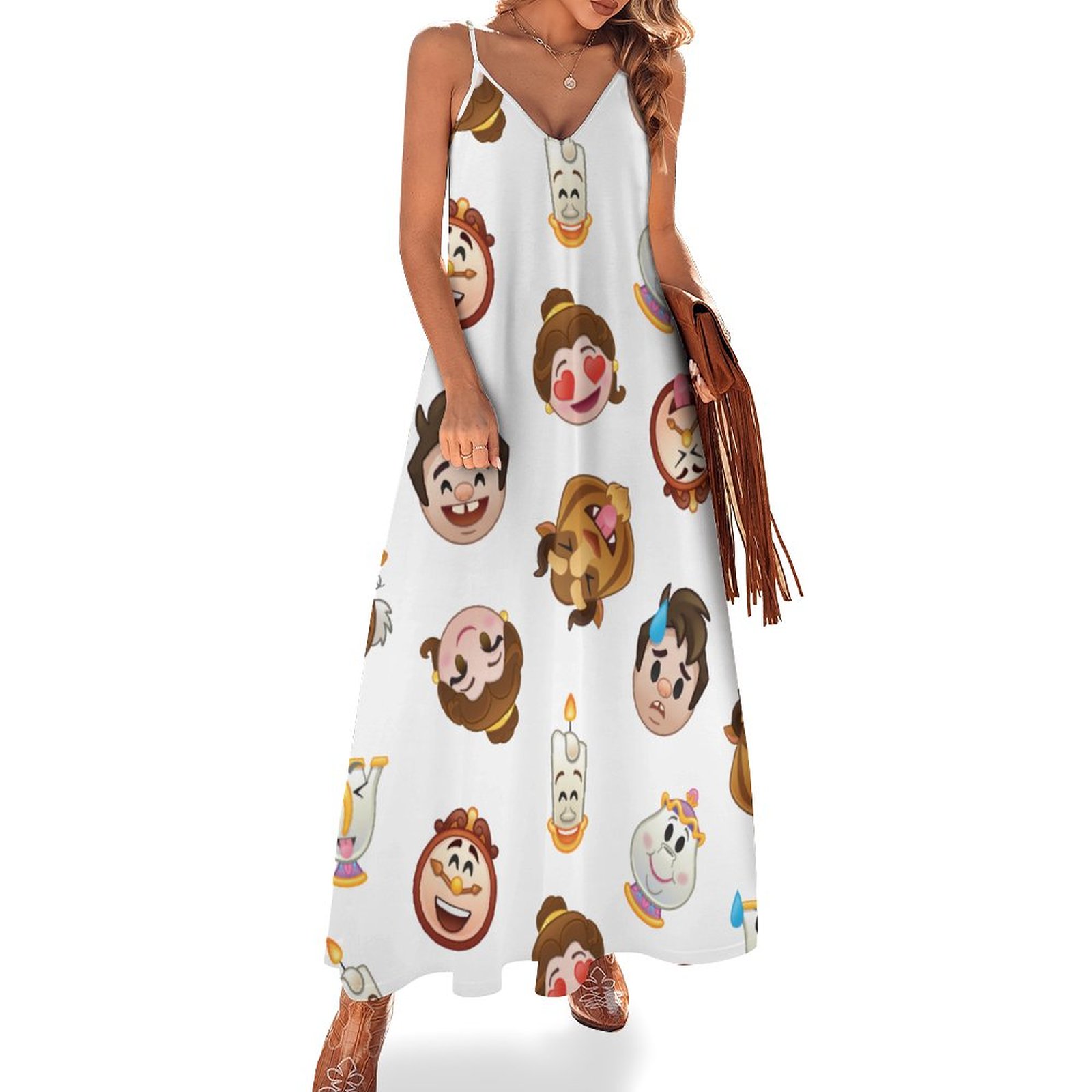 beauty and the beast casual dress Beauty And The Beast Emoji Character Women's Casual Strappy V Neck  Sleeveless Flowy Loose Long Maxi Beach Dress Sundress