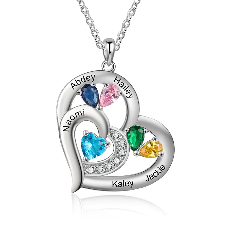 Personalized Heart Necklace Custom 5 Names Birthstones Necklace for Family