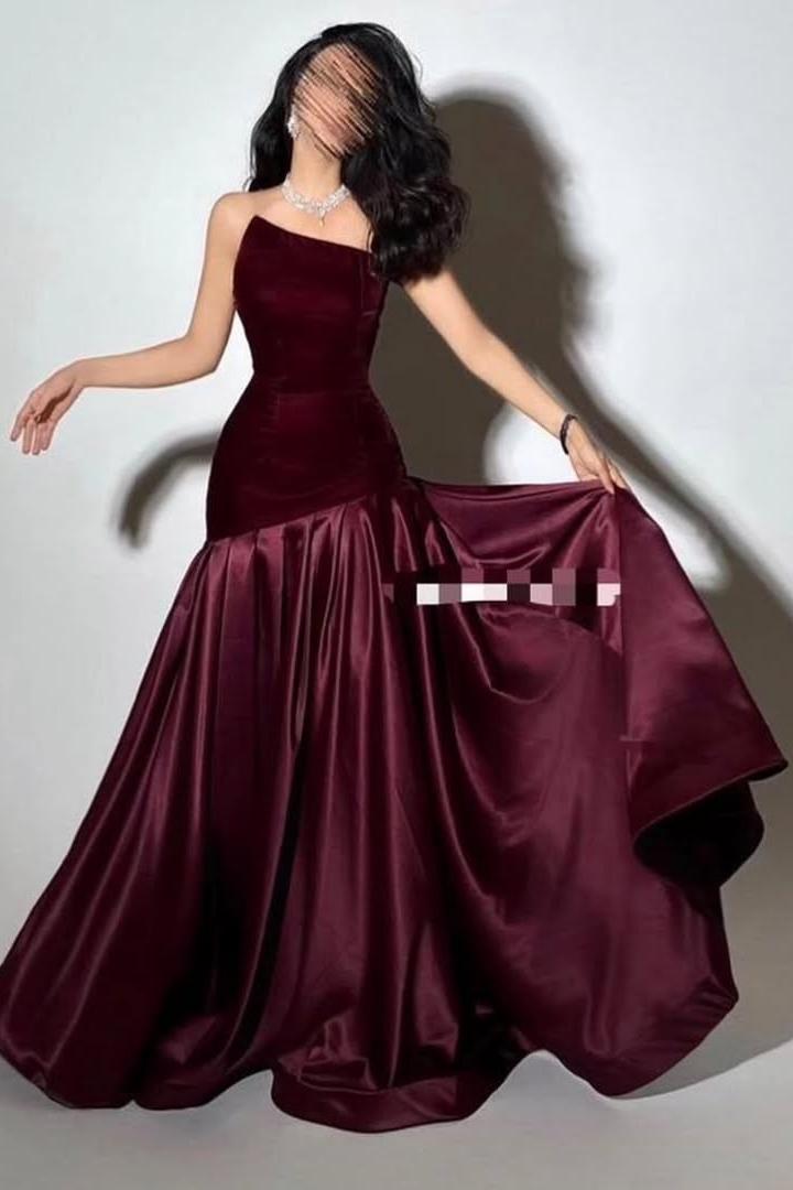 Lussooy Grape Beautiful Satin Strapless Sleeveless Velvet Long Prom Dress with Pleated