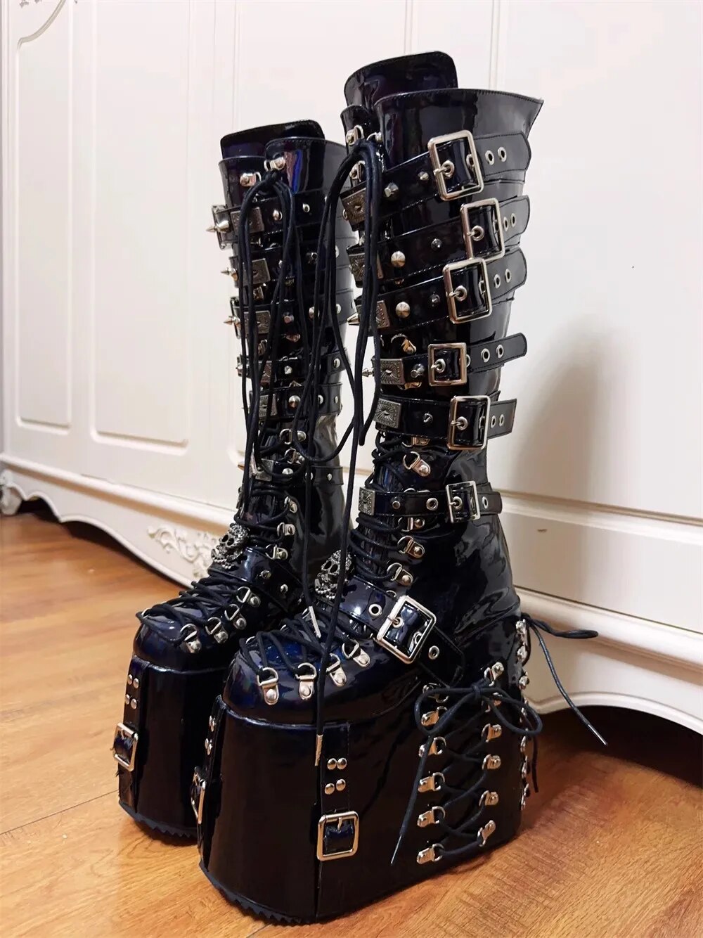 VCshoes Women Motorcycle Boots Woman High Thick Heels Pumps Cool Lady Knight Boots Girl Punk Gothic Long Boots Shoes 47