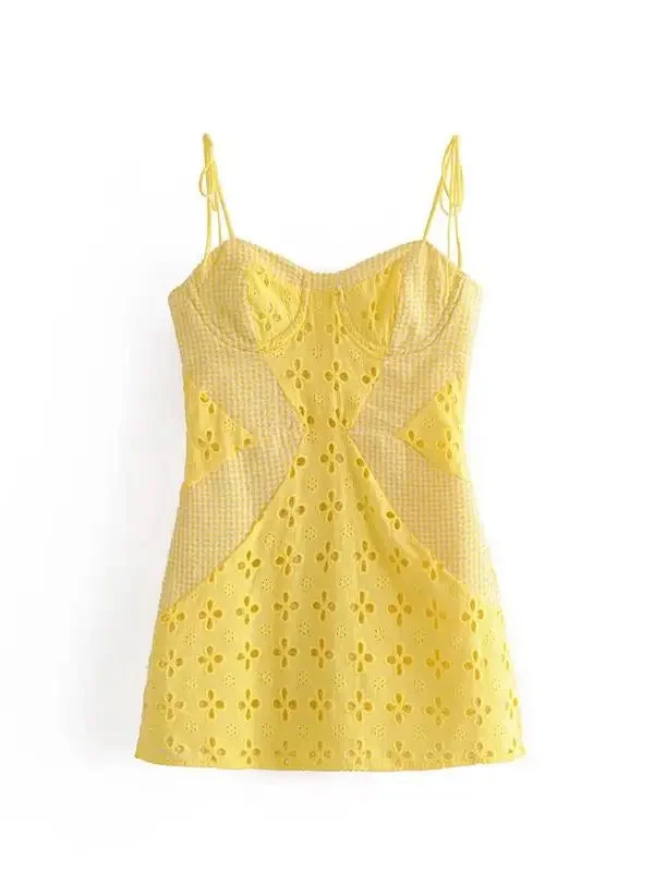Tlbang Women Yellow Lace Trim Spaghetti Strap Bodycon Mini Dress Romantic Lady Backless Sleeveless Party Club Sexy Dress
