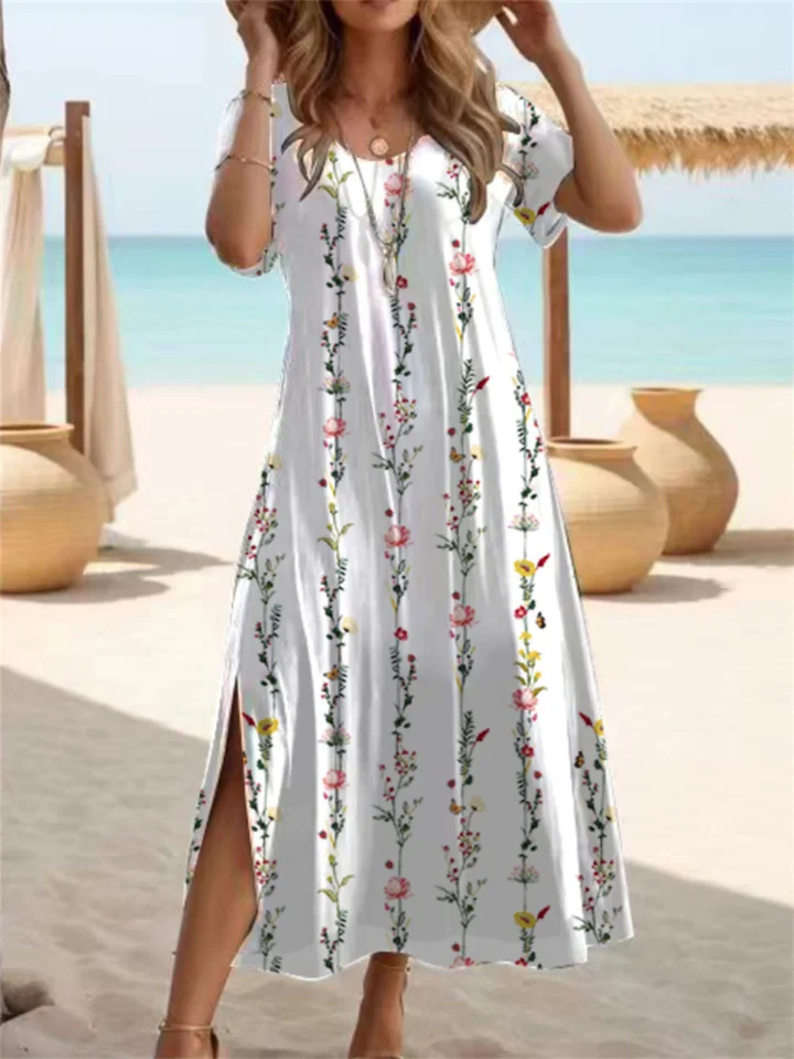Printed Square Collar Loose Long Sleeve Dress