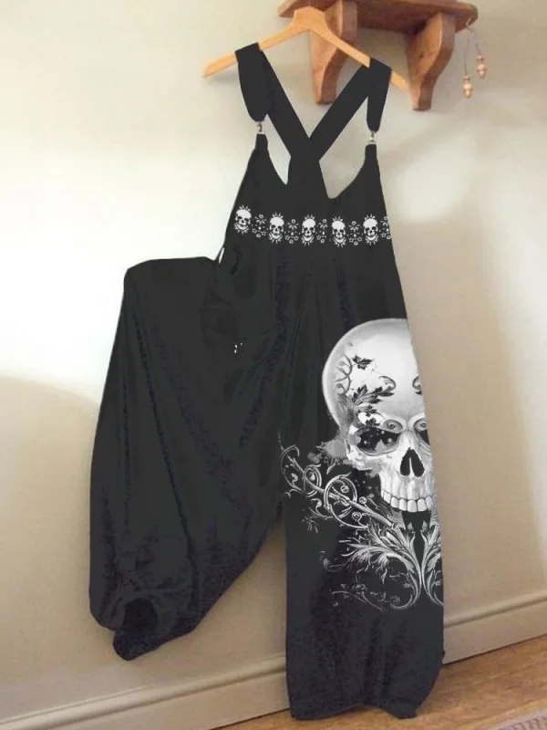 Punk skeleton rose print casual jumpsuit