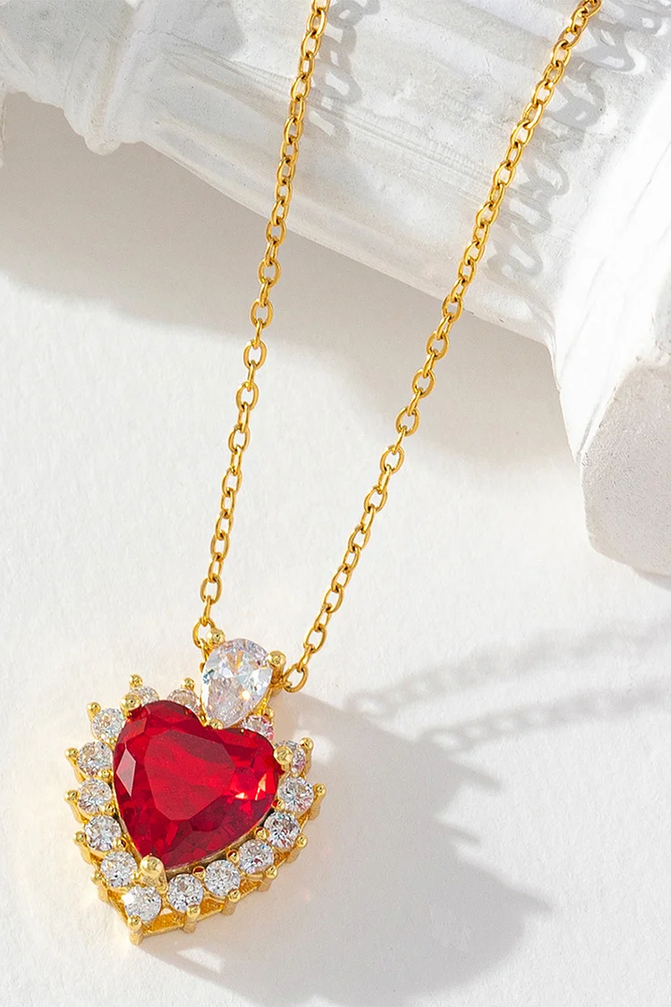 1950s Red Retro Heart-Shaped Rhinestone Inlaid Pendant Necklace